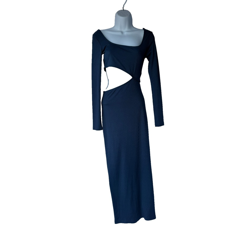 De Base‎ Blue Ribbed Cut Out Maxi Dress Small Minimalist Chic Long Sleeve NWT